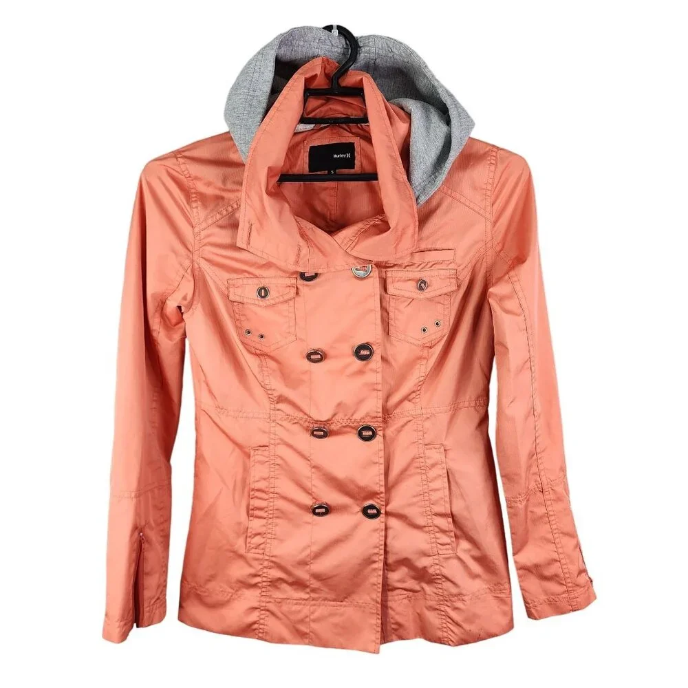 Womens Hurley Double Breasted Coral Jacket w/ Removable Gray Hood Button Front S - Picture 1 of 14